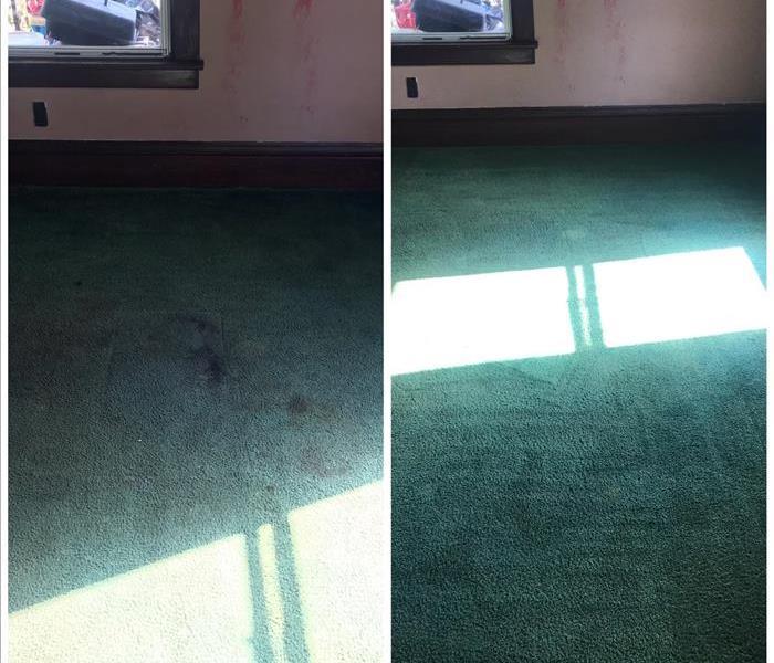 photo of green carpet on the left with dirt and on the right with stain removed 