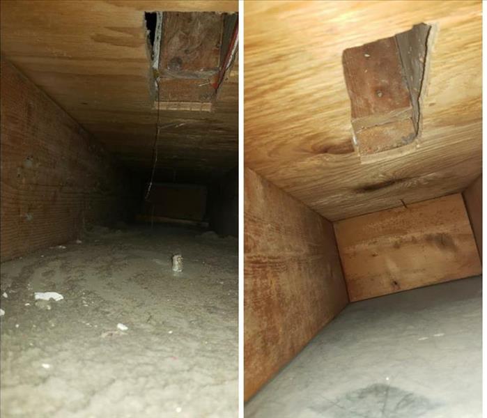 before and after of air duct cleaning, dirt and dust on the system in the right and a clean duct on the left